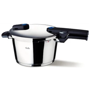 Χύτρα ταχύτητας Fissler Vitaquick 8lt με βάση Super Thermic, κωνικό σχήμα, αποσπώμενη λαβή καπακιού, ένδειξη ασφαλούς κλεισίματος, ανοίγματα για την έξοδο του ατμού & βαλβίδα Fissler Euromatic.