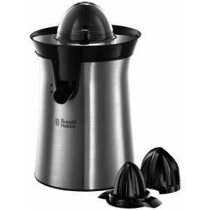 Ηλεκτρικός στίφτης Russell Hobbs 22760-56 με σώμα από ανοξείδωτο ατσάλι με μαύρες λεπτομέρειες, αυτόματη λειτουργία περιστροφής του κώνου μόλις ασκηθεί πίεση και λειτουργία αυτόματης αναστροφής στύψης για μέγιστη εξαγωγή ποσότητας χυμού.