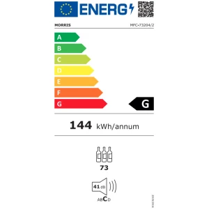 Συντηρητής κρασιών Morris MFC-73204 χωρητικότητας 200L, μοντέρνου Design με πόρτες από διπλό γυαλί ασφαλείας και πλαίσιο από ανοξείδωτο ατσάλι, με ξύλινα ράφια και με ανεμιστήρα για ανακύκλωση του αέρα στο εσωτερικό του ψύκτη.