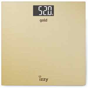 Ψηφιακή ζυγαριά Izzy 1008 χρυσό μπάνιου σε χρυσό χρώμα της εταιρείας Izzy, για μέτρηση του σωματικού βάρους έως και 180 κιλά. Λειτουργεί με 2 μπαταρίες λιθίου τύπου AAA(περιλαμβάνονται στη συσκευασία)