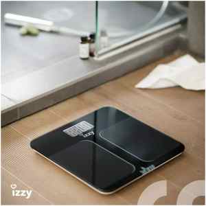 Ψηφιακή ζυγαριά μπάνιου Izzy Balance 223018 σε μοντέρνο μαύρο Design. Διαθέτει μεγάλη οθόνη LCD με φωτισμό και ζυγίζει έως 180 κιλά.