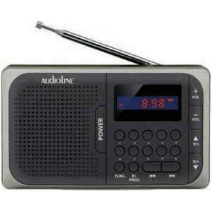 Φορητό ραδιόφωνο audioline TR-210 Μαύρο με 50 μνήμες σταθμών FM και είσοδο ακουστικών, περιλαμβάνεται καλώδιο USB και επαναφορτιζόμενη μπαταρία 600mAh.