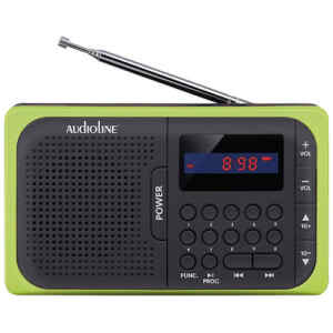 Φορητό ραδιόφωνο audioline TR-210 πράσινο με 50 μνήμες σταθμών FM και είσοδο ακουστικών, περιλαμβάνεται καλώδιο USB και επαναφορτιζόμενη μπαταρία 600mAh.