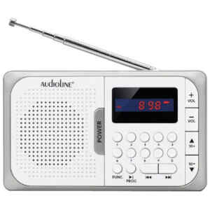 Φορητό ραδιόφωνο audioline TR-210 λευκό με 50 μνήμες σταθμών FM και είσοδο ακουστικών, περιλαμβάνεται καλώδιο USB και επαναφορτιζόμενη μπαταρία 600mAh.