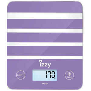 Ζυγαριά κουζίνας Izzy IZ-7006 Purple με μεγάλη γυάλινη επιφάνεια, μετατροπή σε 4 μονάδες μέτρησης, λειτουργία απόβαρου για μεμονωμένη μέτρηση υλικών και μεγάλη φωτιζόμενη οθόνη LCD.