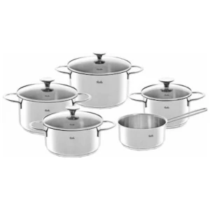 Σετ μαγειρικά σκεύη Fissler Copenhagen 4011405000 με γυάλινο καπάκι κατασκευασμένα από ανοξείδωτο ατσάλι 18/10. Διαθέτουν εργονομικές λαβές οι οποίες εφαρμόζουν στα χέρια και εξασφαλίζουν γερό κράτημα, ενώ χάρη στο υλικό κατασκευής τους διατηρούν τη θερμότητα του σκεύους.