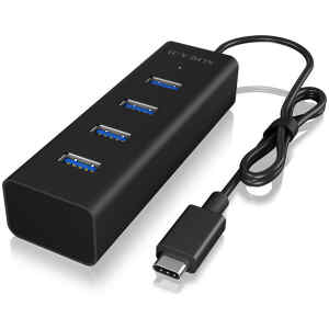 Usb Hub RaidSonic Icy Box IB-HUB1409-C3 αλουμινίου, 4 θυρών µε σύνδεση type-C σε μαύρο χρώμα. Διαθέτει ενσωματωμένο καλώδιο USB 3.0 type-C, μήκους 40cm. LED ένδειξη λειτουργίας, hot swap και plug & play.