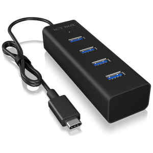 Usb Hub RaidSonic Icy Box IB-HUB1409-C3 αλουμινίου, 4 θυρών µε σύνδεση type-C σε μαύρο χρώμα. Διαθέτει ενσωματωμένο καλώδιο USB 3.0 type-C, μήκους 40cm. LED ένδειξη λειτουργίας, hot swap και plug & play.