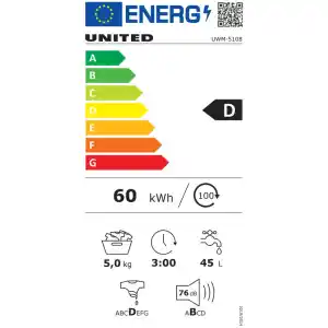 Πλυντήριο ρούχων United UWM-5108 Slim χωρητικότητας 5 κιλών, με 15 προγράμματα, οθόνη ενδείξεων, προγραμματισμό χρόνου έναρξης και γρήγορο πρόγραμμα 15 λεπτών.