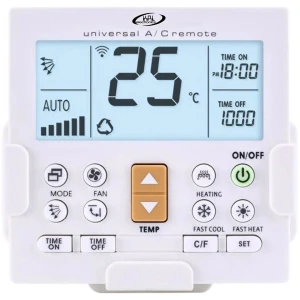Universal τηλεχειριστήριο για κλιματιστικό KAL Electronics K-650E, ιδανικό για αντικατάσταση του χαλασμένου ή χαμένου τηλεχειριστηρίου σας. Είναι συμβατό με τα περισσότερα μοντέλα κλιματιστικών της αγοράς και μπορείτε να αναζητήσετε το μοντέλο σας μέσα από την παρεχόμενη λίστα συμβατότητας. Ο προγραμματισμός του είναι εύκολος και γρήγορος, ενώ καλύπτει όλες τις κύριες λειτουργίες του αυθεντικού χειριστηρίου, όπως ρύθμιση θερμοκρασίας και ταχύτητας, ενώ η εμβέλεια του είναι ικανοποιητική.