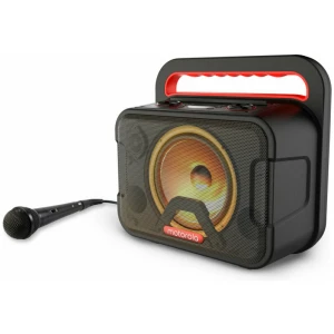Σύστημα Karaoke Motorola Rokr 810 με μικρόφωνο για karaoke, υποδοχή για όργανο και φώτα LED. Διαθέτει μεγάλη μπαταρία λιθίου 2,200 mA ικανή να προσφέρει αναπαραγωγή μουσικής για έως και 20 ώρες! Με ισχύ 40W RMS θα γεμίσει το χώρο με τη μουσική σας, και τα φώτα LED από το subwoofer θα τον γεμίσουν με χρώμα και κίνηση. Διαθέτει θύρα USB με δυνατότητα αναπαραγωγής μουσικής αλλά και φόρτισης άλλων συσκευών, ακριβώς όπως ένα powerbank. Στην υποδοχή Aux-In μπορείτε να συνδέσετε συσκευές για αναπαραγωγή μουσικής. Διαθέτει επίσης υποδοχές 6.5 mm για σύνδεση μικροφώνου και μουσικού οργάνου, λειτουργία TWS ώστε να μπορείτε να συνδέσετε επιπλέον ηχεία για ακόμα μεγαλύτερη ένταση ήχου, equalizer και ραδιόφωνο FM. Είναι ανθεκτικό στο νερό με πιστοποίηση IPX4 ώστε να μπορείτε να το παίρνετε άφοβα μαζί σας.