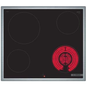 Κεραμική εστία Bosch NKF645GA2E ένα πλαίσιο από ανοξείδωτο χάλυβα γύρω από την εστία, ιδανικό για την εγκατάσταση σε υπάρχουσες εγκοπές πάγκου.