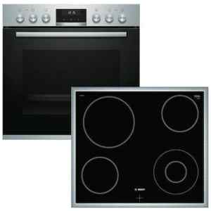 Bosch φούρνος HEA537BS00 & εστία NKF645GA2E σε χρώμα inox, αποτελούμενο από κεραμική εστία 4+1 ζωνών και φούρνο χωρητικότητας φούρνου 71 λίτρων, 7 τρόπους λειτουργίας, βυθιζόμενους διακόπτες και ηλεκτρονικό προγραμματιστή.