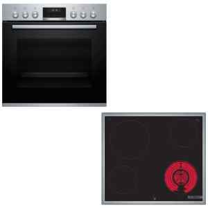 Bosch φούρνος HEA537BS00 & εστία NKF645GA2E σε χρώμα inox, αποτελούμενο από κεραμική εστία 4+1 ζωνών και φούρνο χωρητικότητας φούρνου 71 λίτρων, 7 τρόπους λειτουργίας, βυθιζόμενους διακόπτες και ηλεκτρονικό προγραμματιστή.