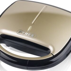 Τοστιέρα Pyrex SB-250 Gold με μοναδικό design με ανοξείδωτη επιφάνεια σε χρυσό χρώμα, 2 αντικολλητικές πλάκες γκριλ για 2 λαχταριστά τοστ, αντιθερμική λαβή για προστασία κατά την υπερθέρμανση και ενδείξεις λειτουργίας και επίτευξης θερμοκρασίας.